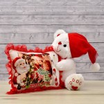 White 12 Inch Christmas Teddy Bear with cap and personalized cushion